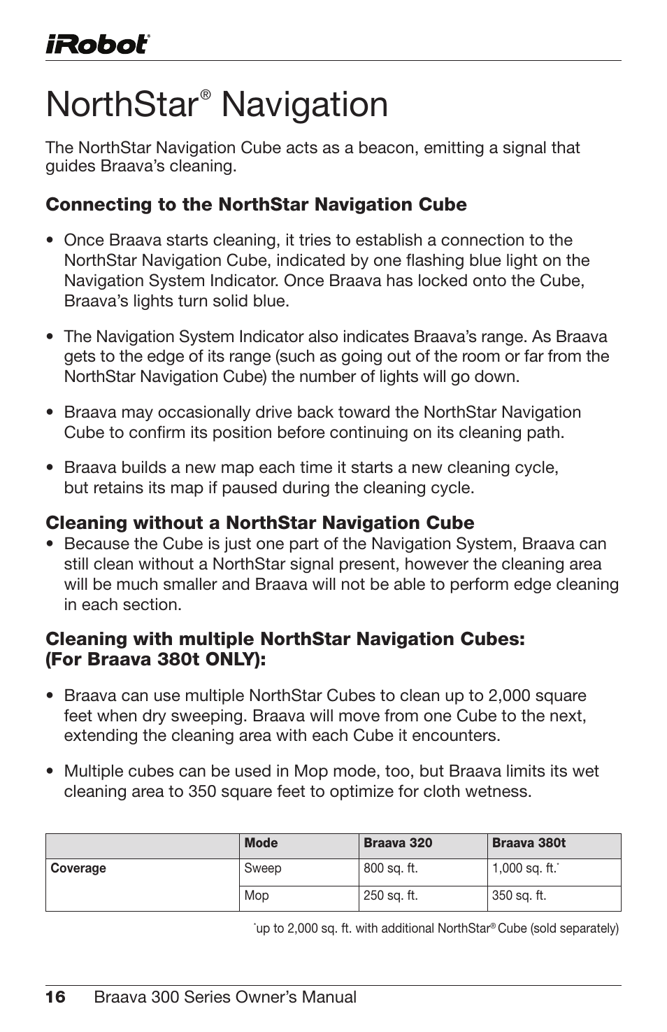 Northstar, Navigation | iRobot Braava 300 Series User Manual | Page 16 / 28