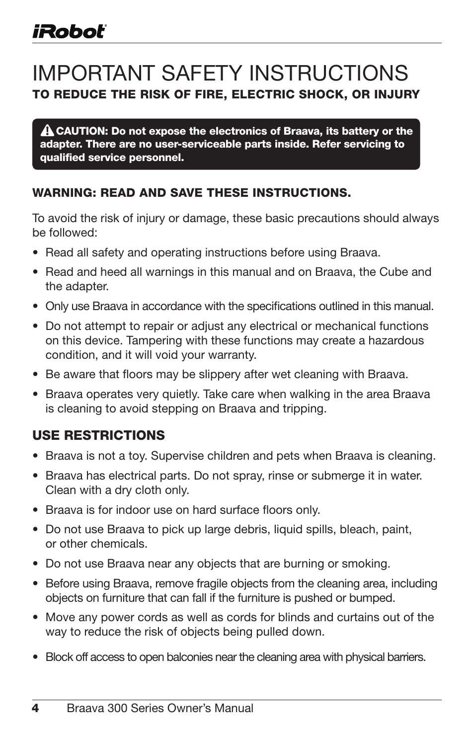 Important safety instructions | iRobot Braava 300 Series User Manual | Page 4 / 28