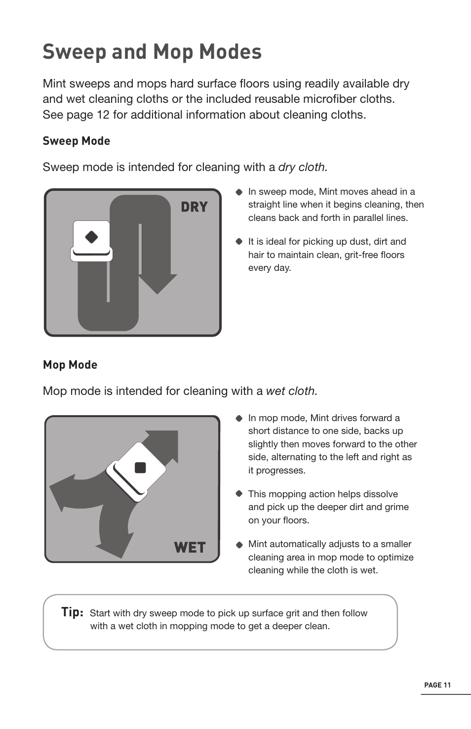 Sweep and mop modes | iRobot Mint 4200 User Manual | Page 11 / 84