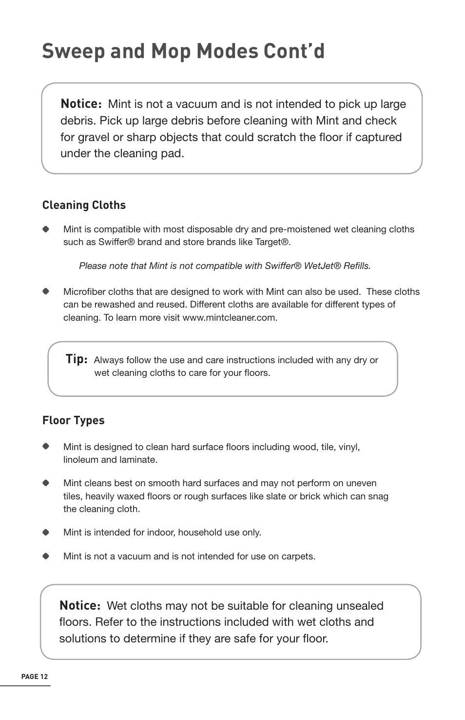 Sweep and mop modes cont’d | iRobot Mint 4200 User Manual | Page 12 / 84