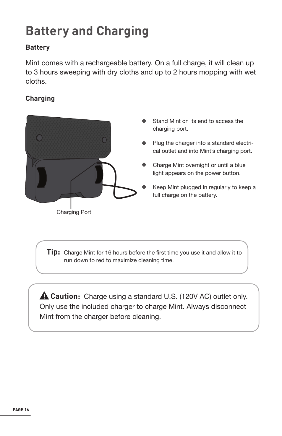 Battery and charging | iRobot Mint 4200 User Manual | Page 16 / 84