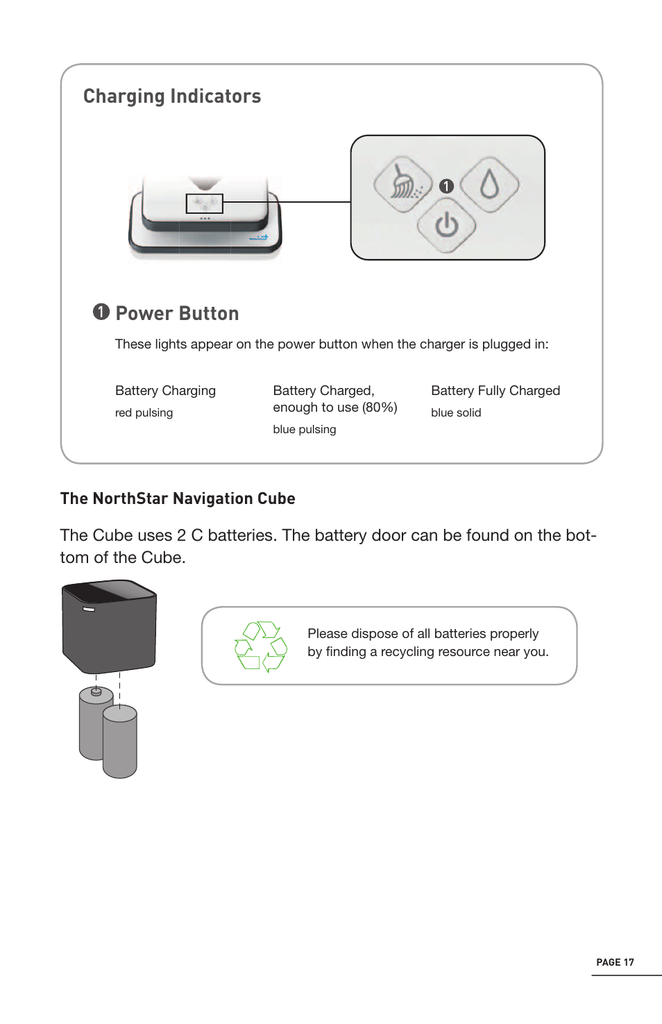 Power button charging indicators | iRobot Mint 4200 User Manual | Page 17 / 84