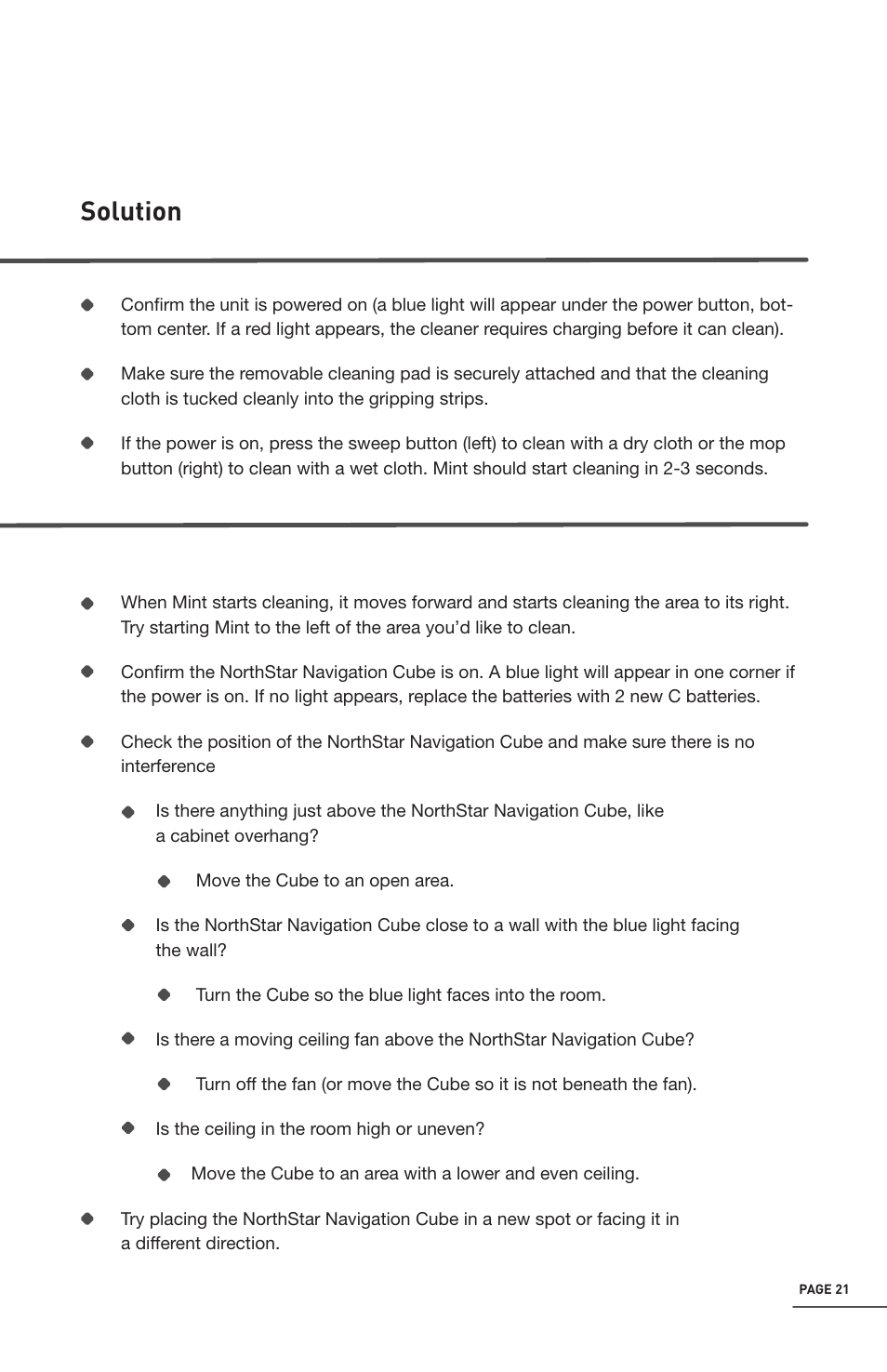 Trouble shooting, Solution | iRobot Mint 4200 User Manual | Page 21 / 84