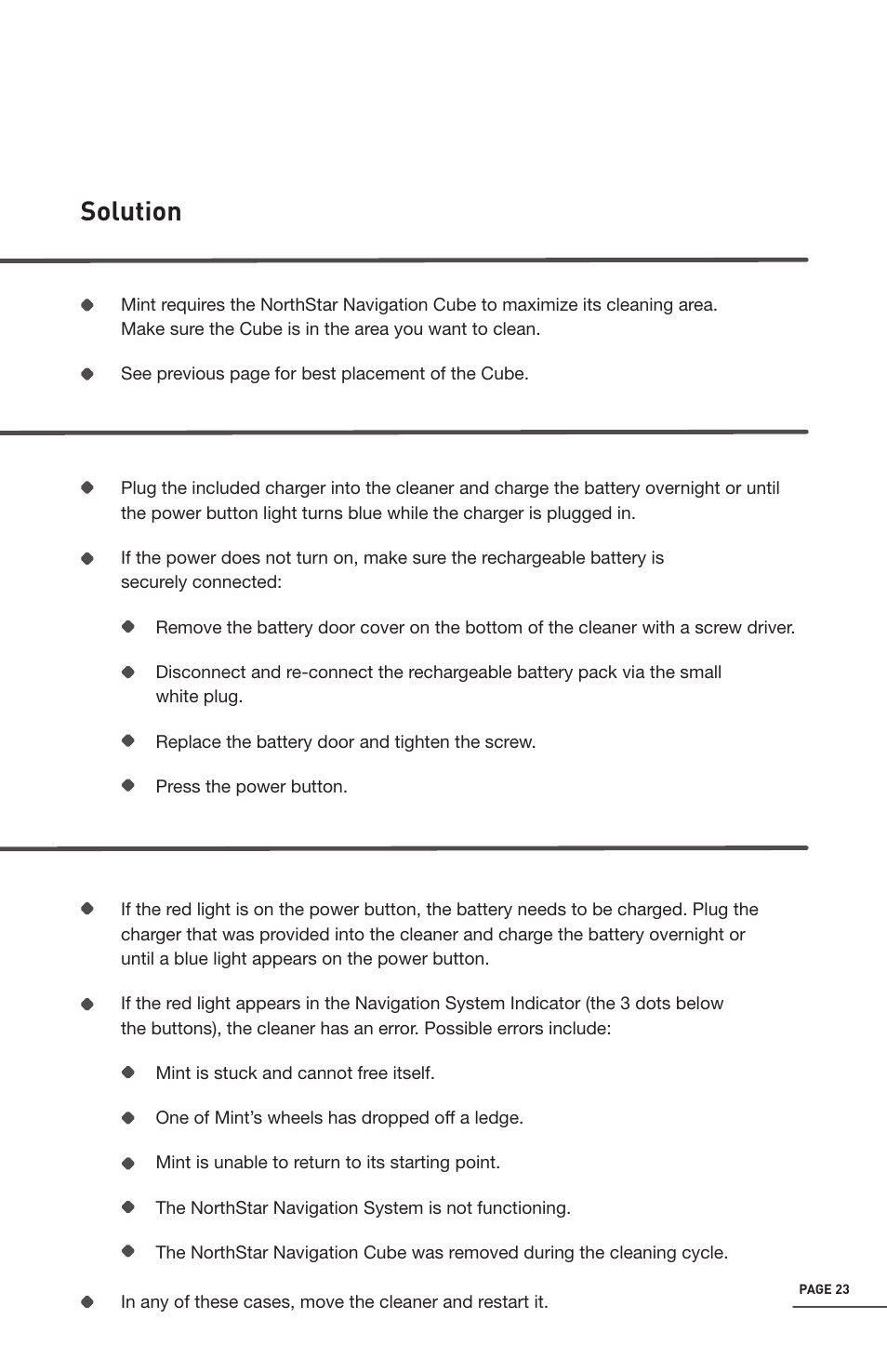 Trouble shooting, Solution | iRobot Mint 4200 User Manual | Page 23 / 84