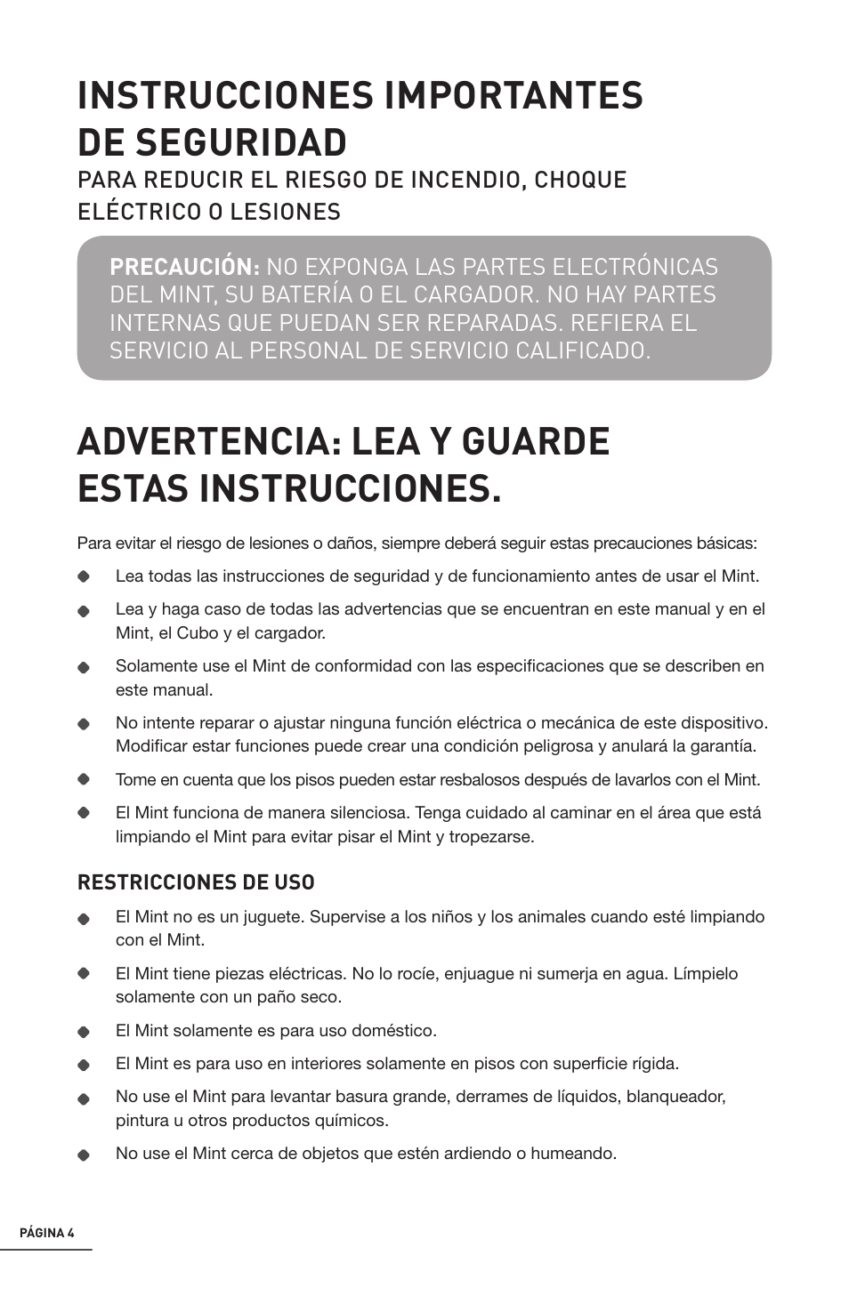 Instrucciones importantes de seguridad, Advertencia: lea y guarde estas instrucciones | iRobot Mint 4200 User Manual | Page 32 / 84