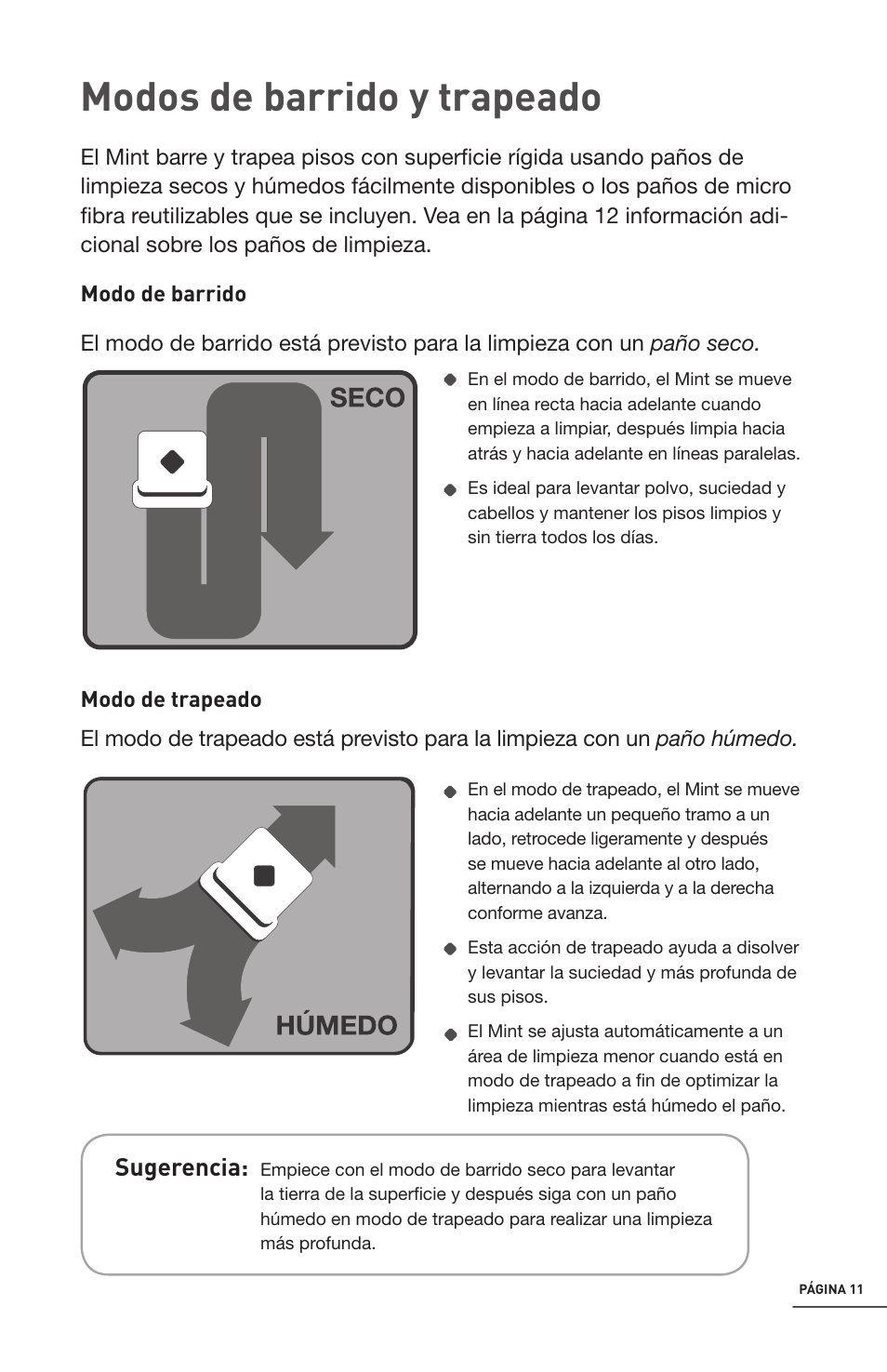 Modos de barrido y trapeado, Sugerencia | iRobot Mint 4200 User Manual | Page 39 / 84