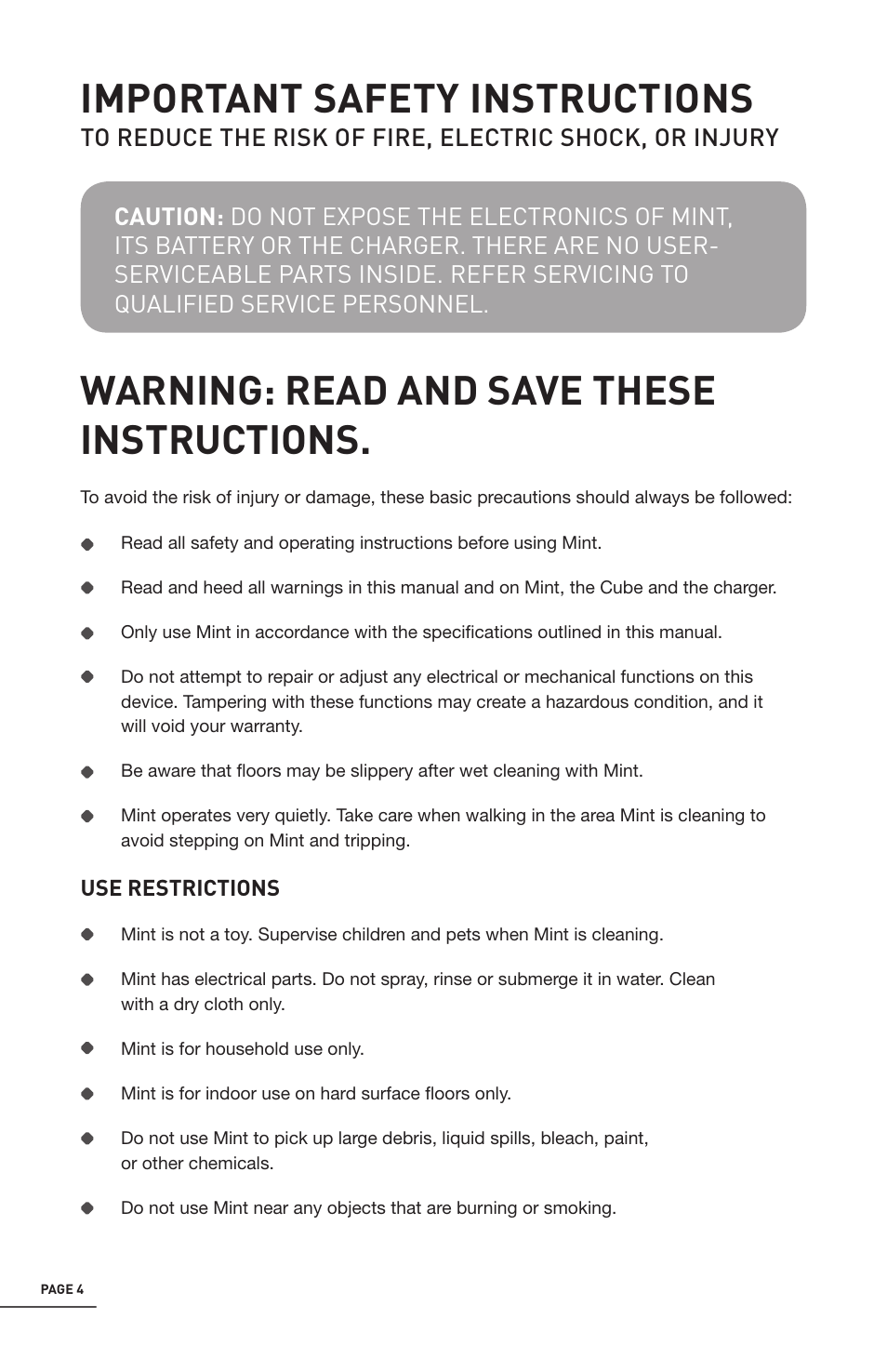 Important safety instructions, Warning: read and save these instructions | iRobot Mint 4200 User Manual | Page 4 / 84