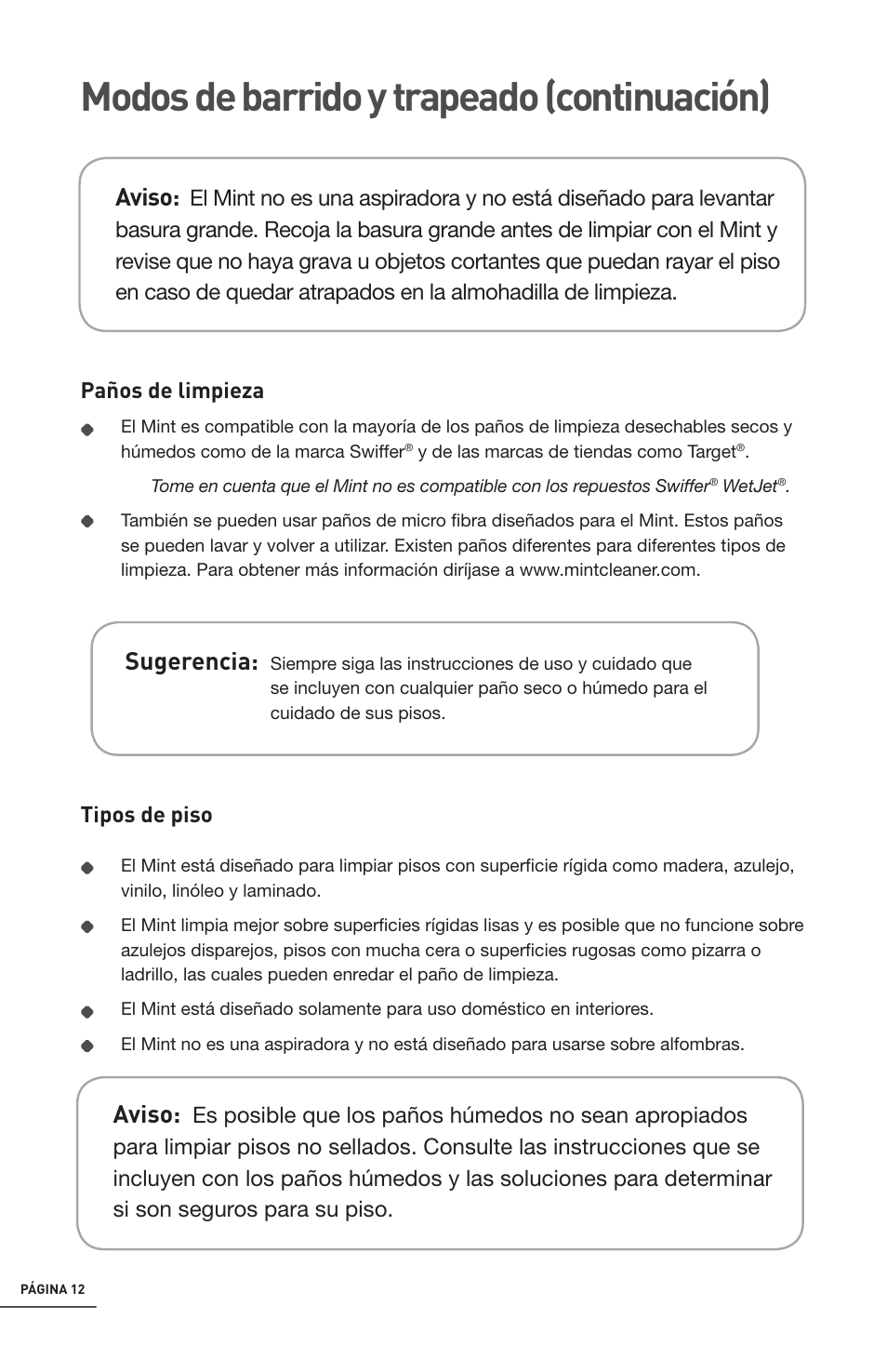 Modos de barrido y trapeado (continuación), Aviso, Sugerencia | iRobot Mint 4200 User Manual | Page 40 / 84