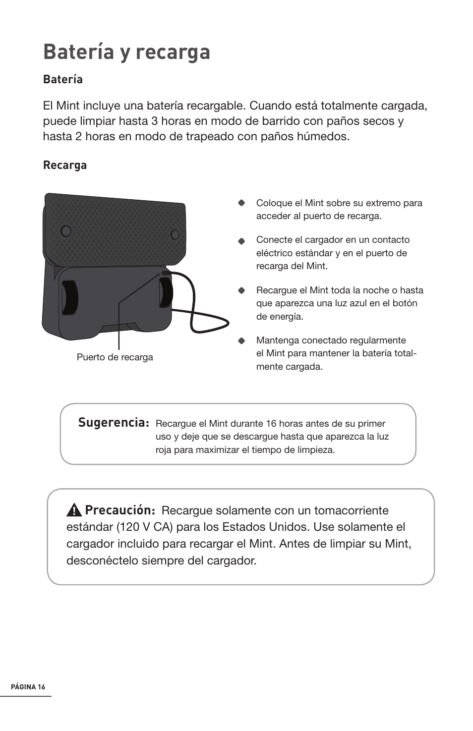 Batería y recarga | iRobot Mint 4200 User Manual | Page 44 / 84