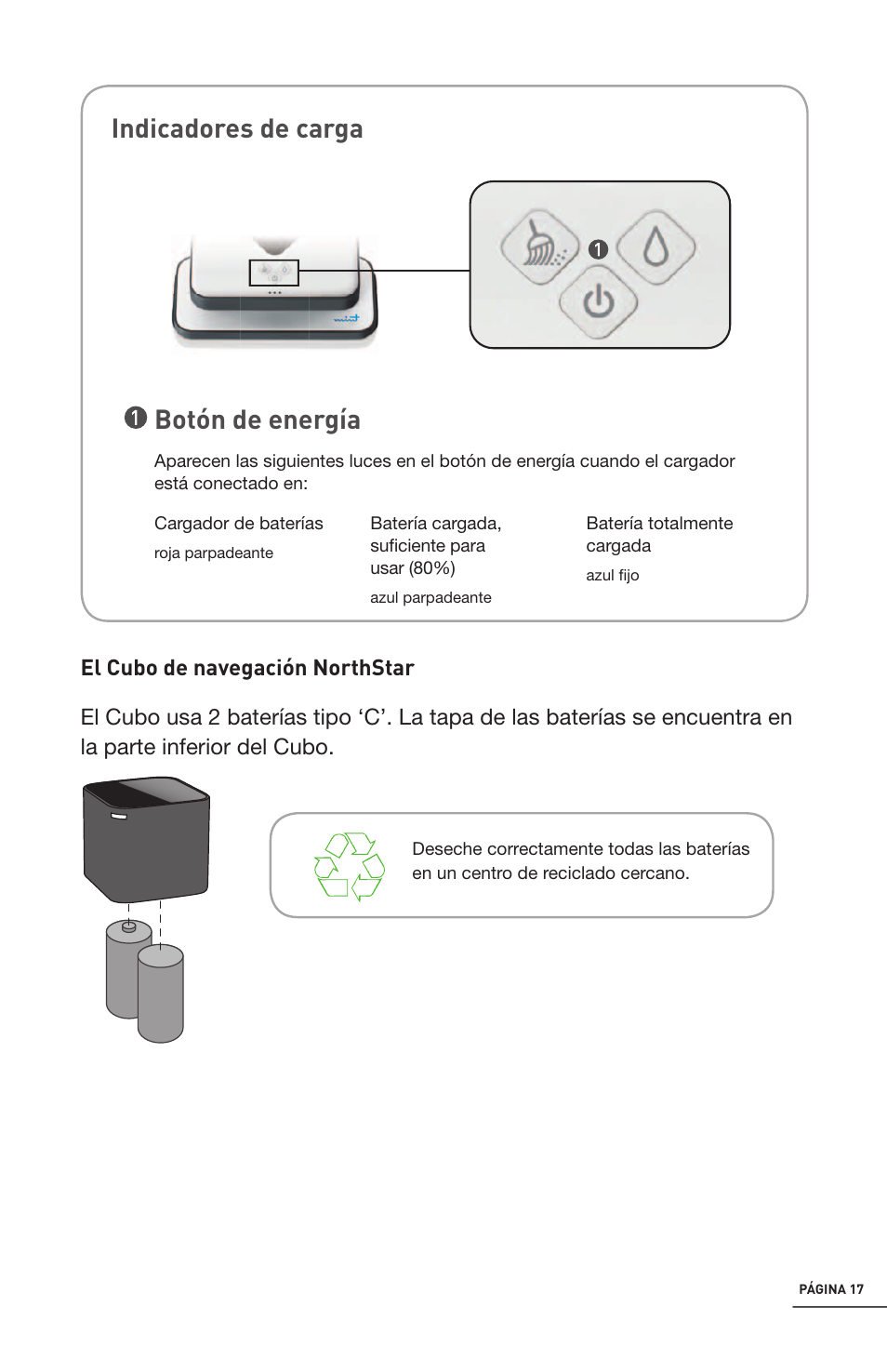 Botón de energía indicadores de carga | iRobot Mint 4200 User Manual | Page 45 / 84