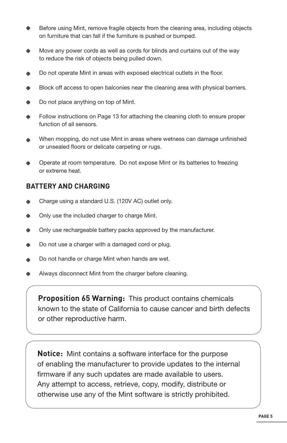 Proposition 65 warning, Notice | iRobot Mint 4200 User Manual | Page 5 / 84