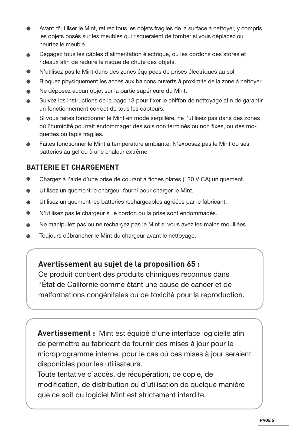 Avertissement au sujet de la proposition 65, Avertissement | iRobot Mint 4200 User Manual | Page 61 / 84