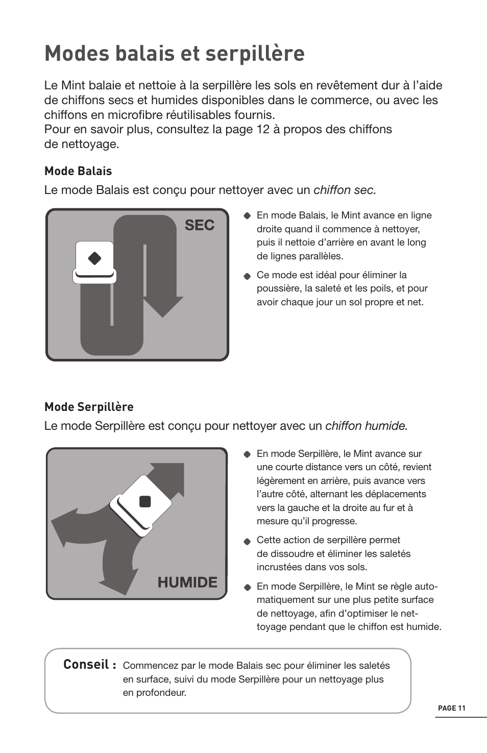 Modes balais et serpillère, Conseil | iRobot Mint 4200 User Manual | Page 67 / 84