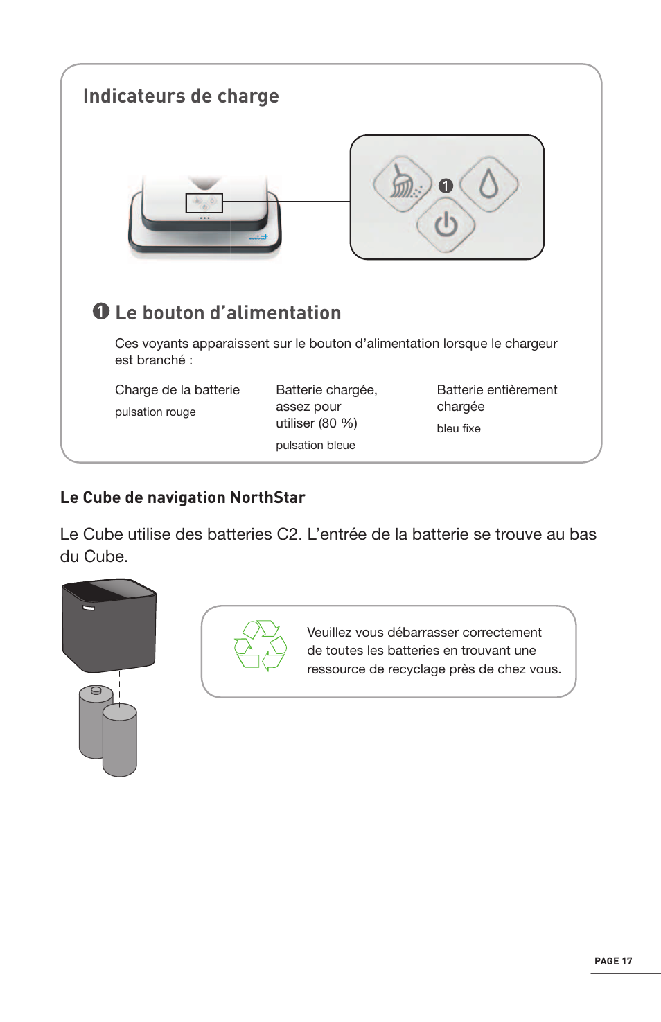 Le bouton d’alimentation indicateurs de charge | iRobot Mint 4200 User Manual | Page 73 / 84