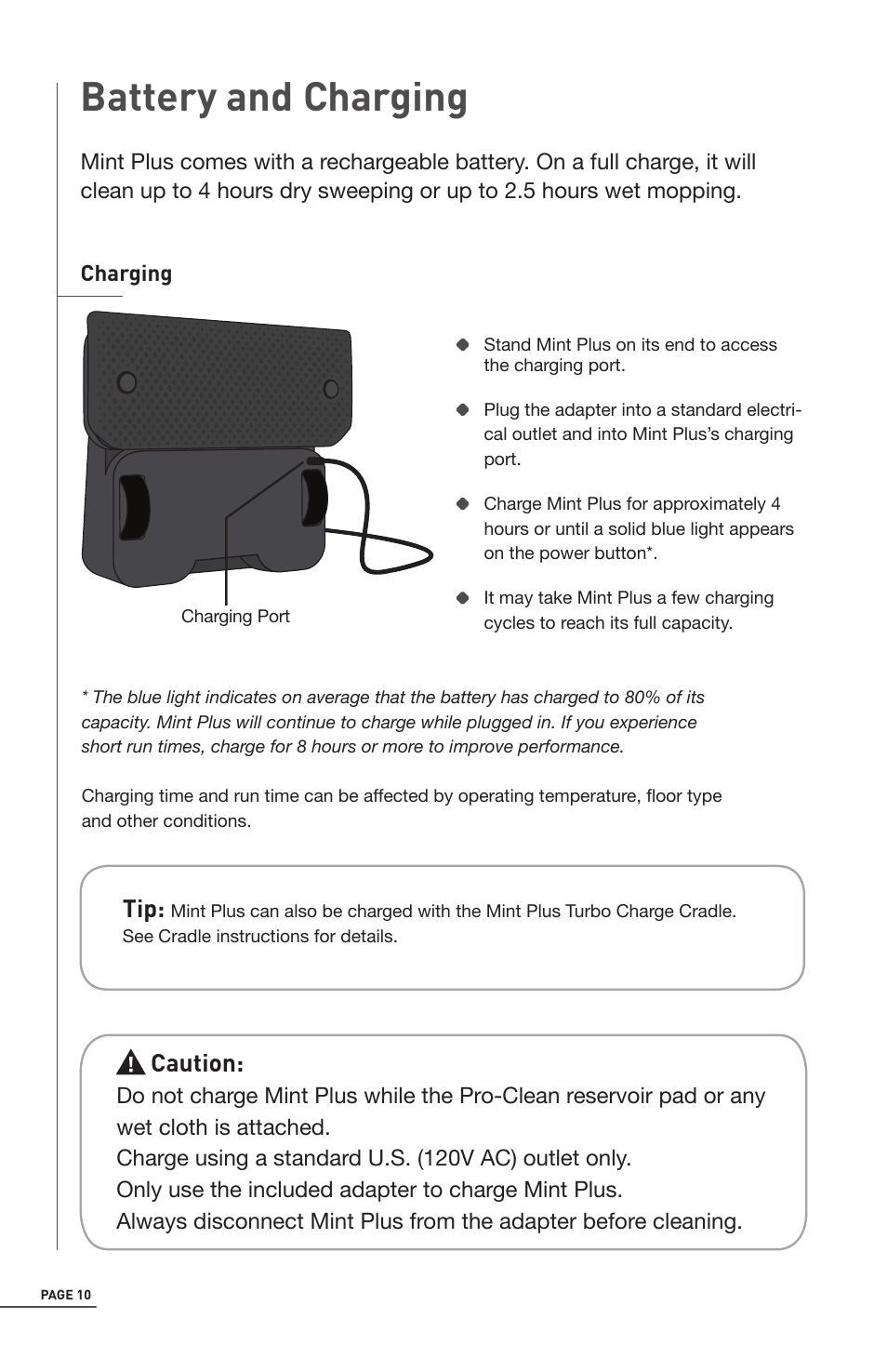 Battery and charging, Caution | iRobot Mint 5200 User Manual | Page 10 / 40