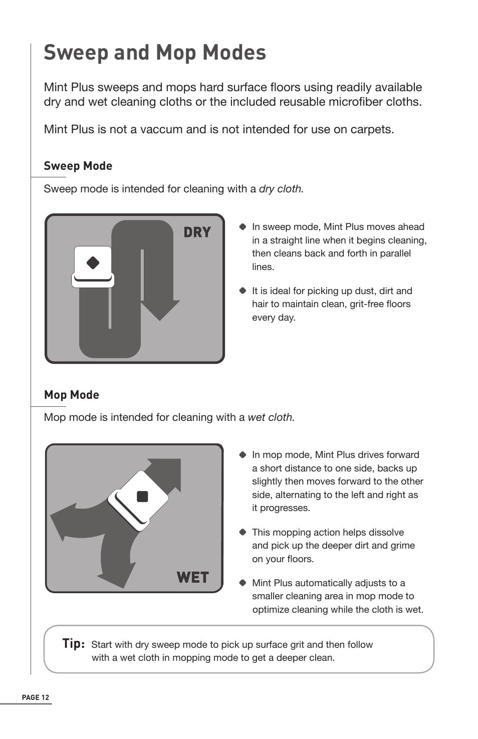 Sweep and mop modes | iRobot Mint 5200 User Manual | Page 12 / 40