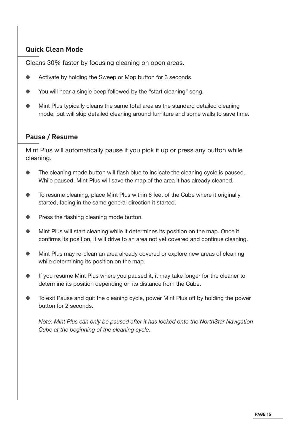 Quick clean mode, Pause / resume | iRobot Mint 5200 User Manual | Page 15 / 40