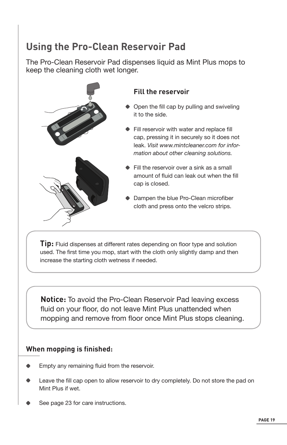 Using the pro-clean reservoir pad, Notice | iRobot Mint 5200 User Manual | Page 19 / 40