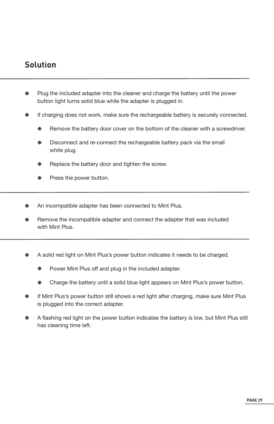 Trouble shooting, Solution | iRobot Mint 5200 User Manual | Page 29 / 40