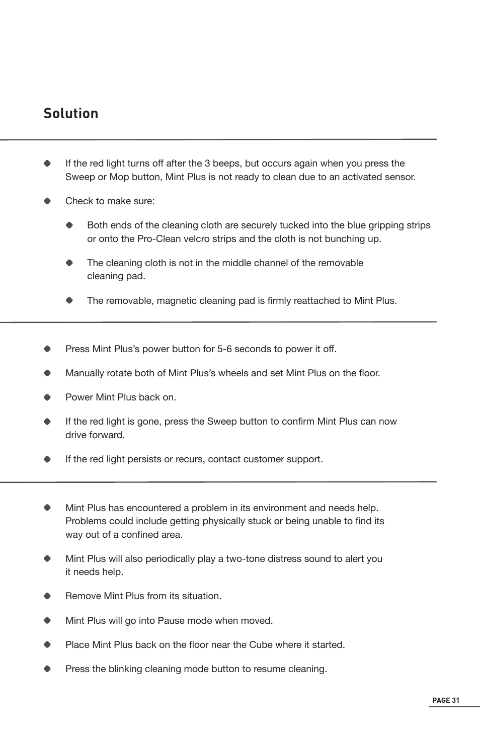 Trouble shooting, Solution | iRobot Mint 5200 User Manual | Page 31 / 40