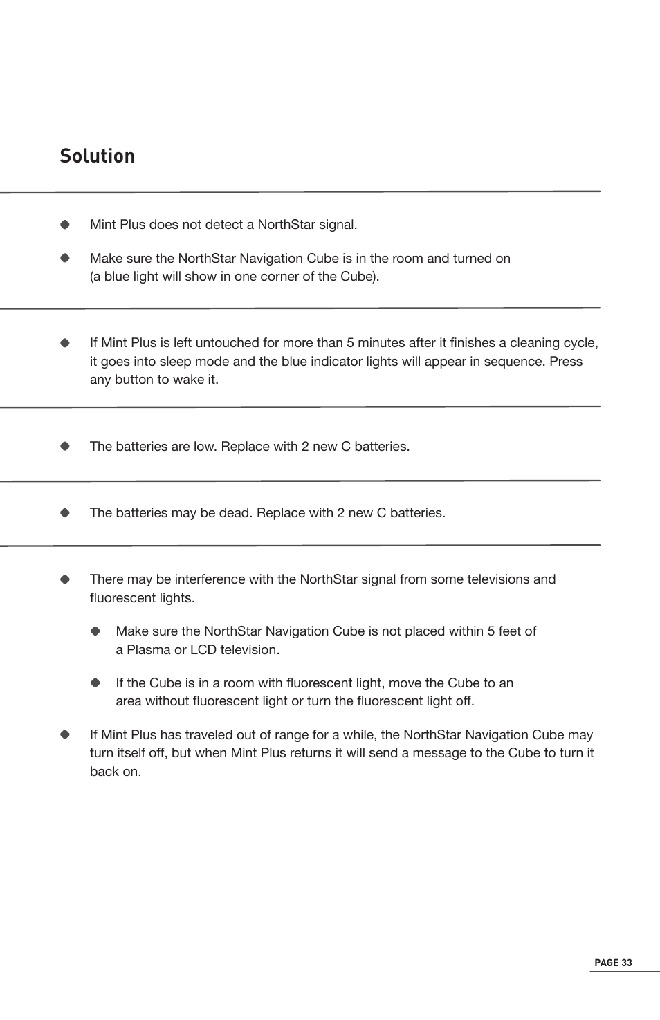 Trouble shooting, Solution | iRobot Mint 5200 User Manual | Page 33 / 40