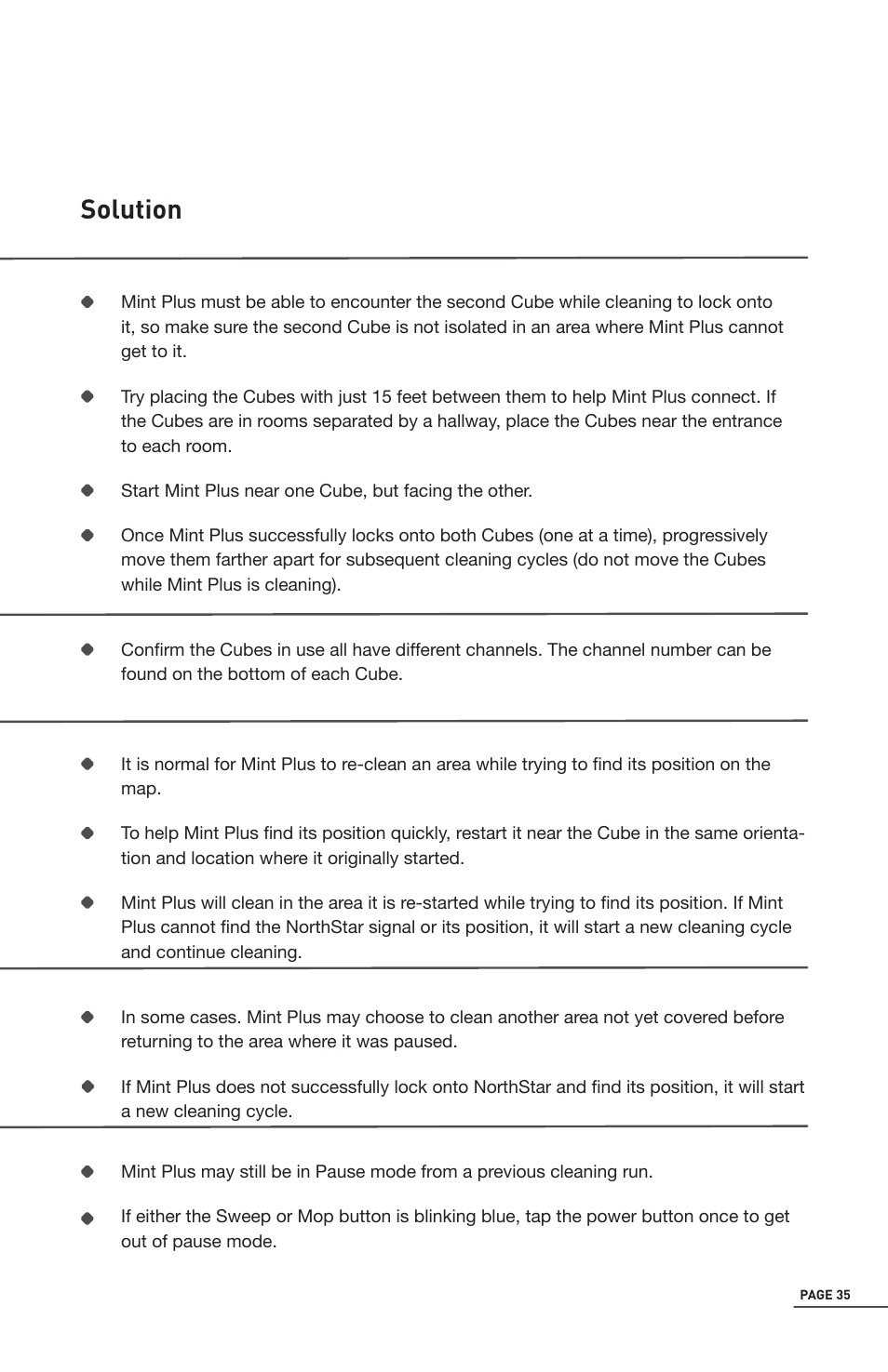 Trouble shooting, Solution | iRobot Mint 5200 User Manual | Page 35 / 40