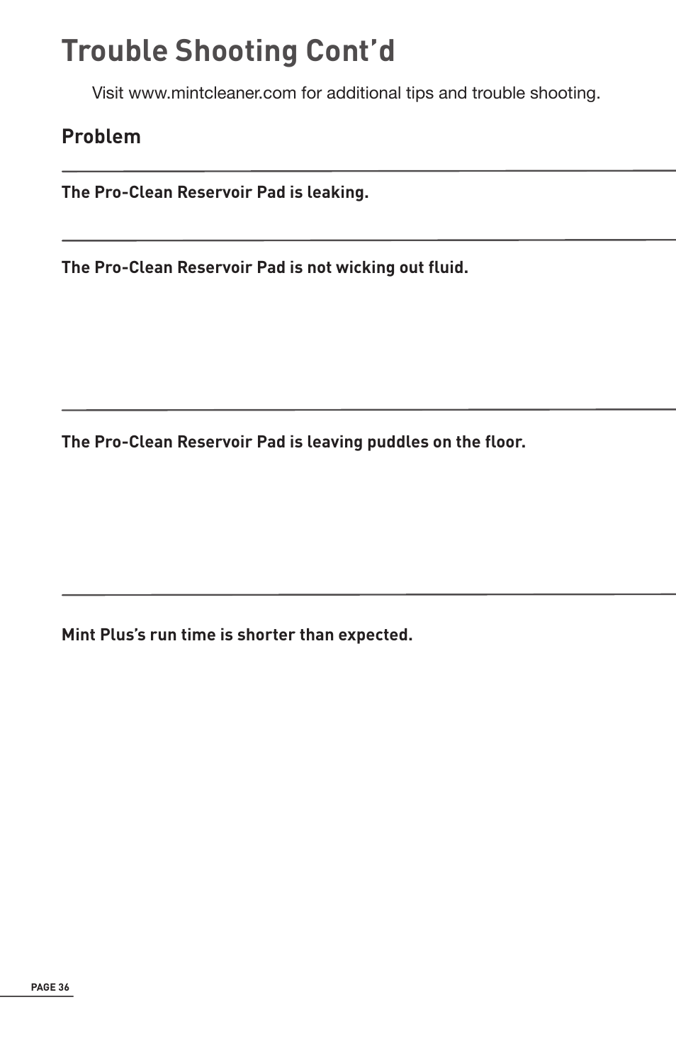 Trouble shooting cont’d | iRobot Mint 5200 User Manual | Page 36 / 40