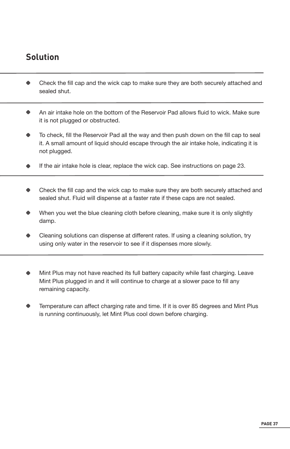 Trouble shooting, Solution | iRobot Mint 5200 User Manual | Page 37 / 40