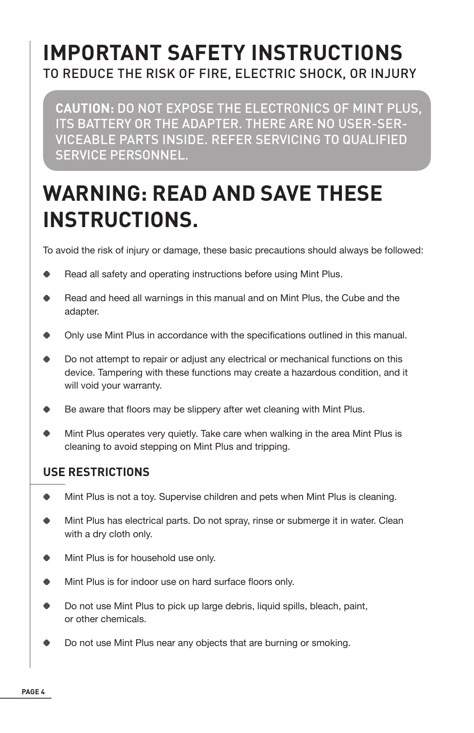 Important safety instructions, Warning: read and save these instructions | iRobot Mint 5200 User Manual | Page 4 / 40