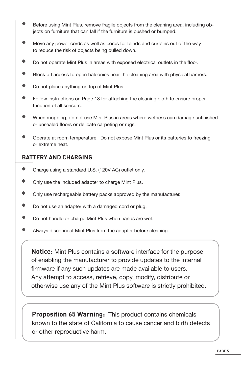 Proposition 65 warning, Notice | iRobot Mint 5200 User Manual | Page 5 / 40