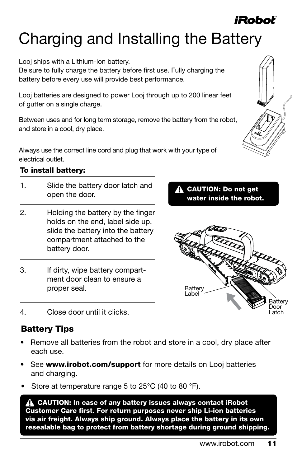 Charging and installing the battery, Battery tips | iRobot Looj 330 User Manual | Page 11 / 28