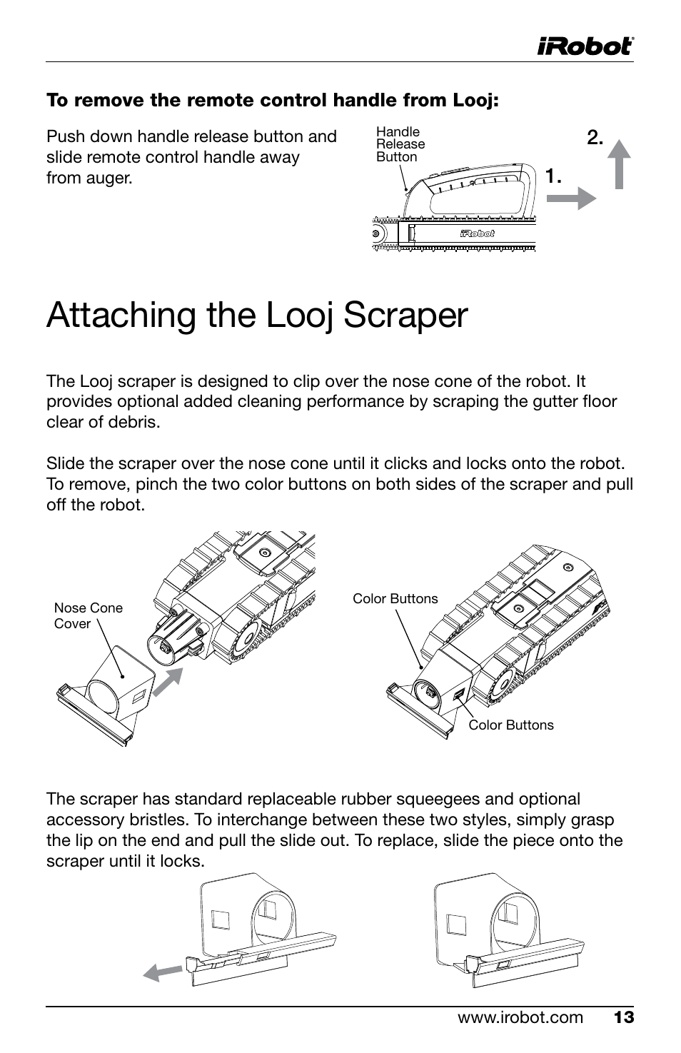 Attaching the looj scraper, Handle release button, Nose cone cover color buttons color buttons | iRobot Looj 330 User Manual | Page 13 / 28