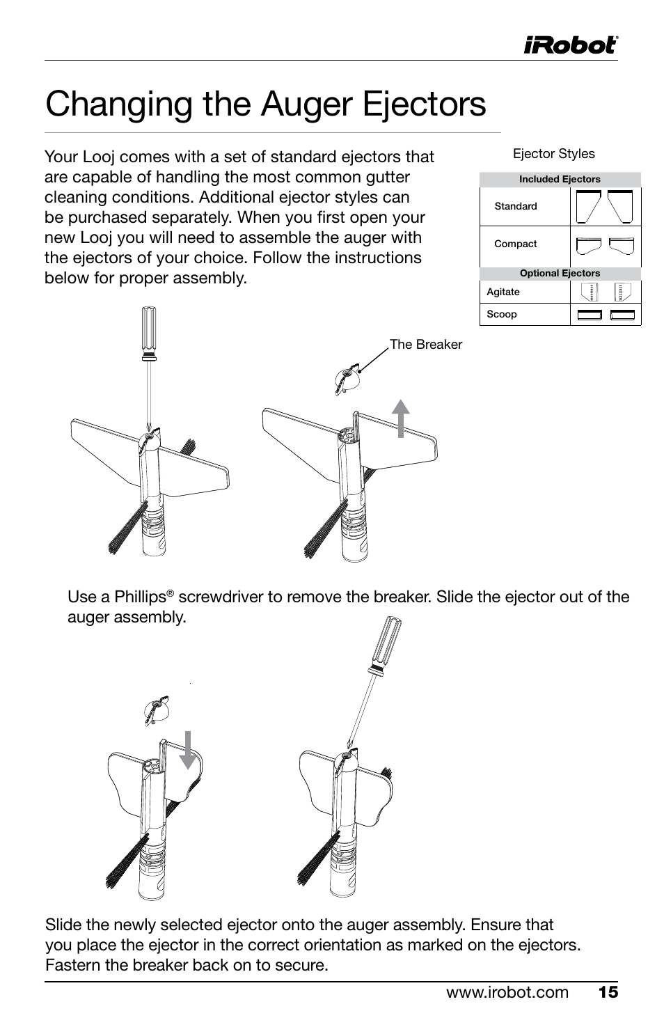 Changing the auger ejectors | iRobot Looj 330 User Manual | Page 15 / 28