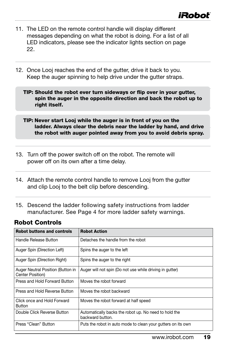 Robot controls | iRobot Looj 330 User Manual | Page 19 / 28