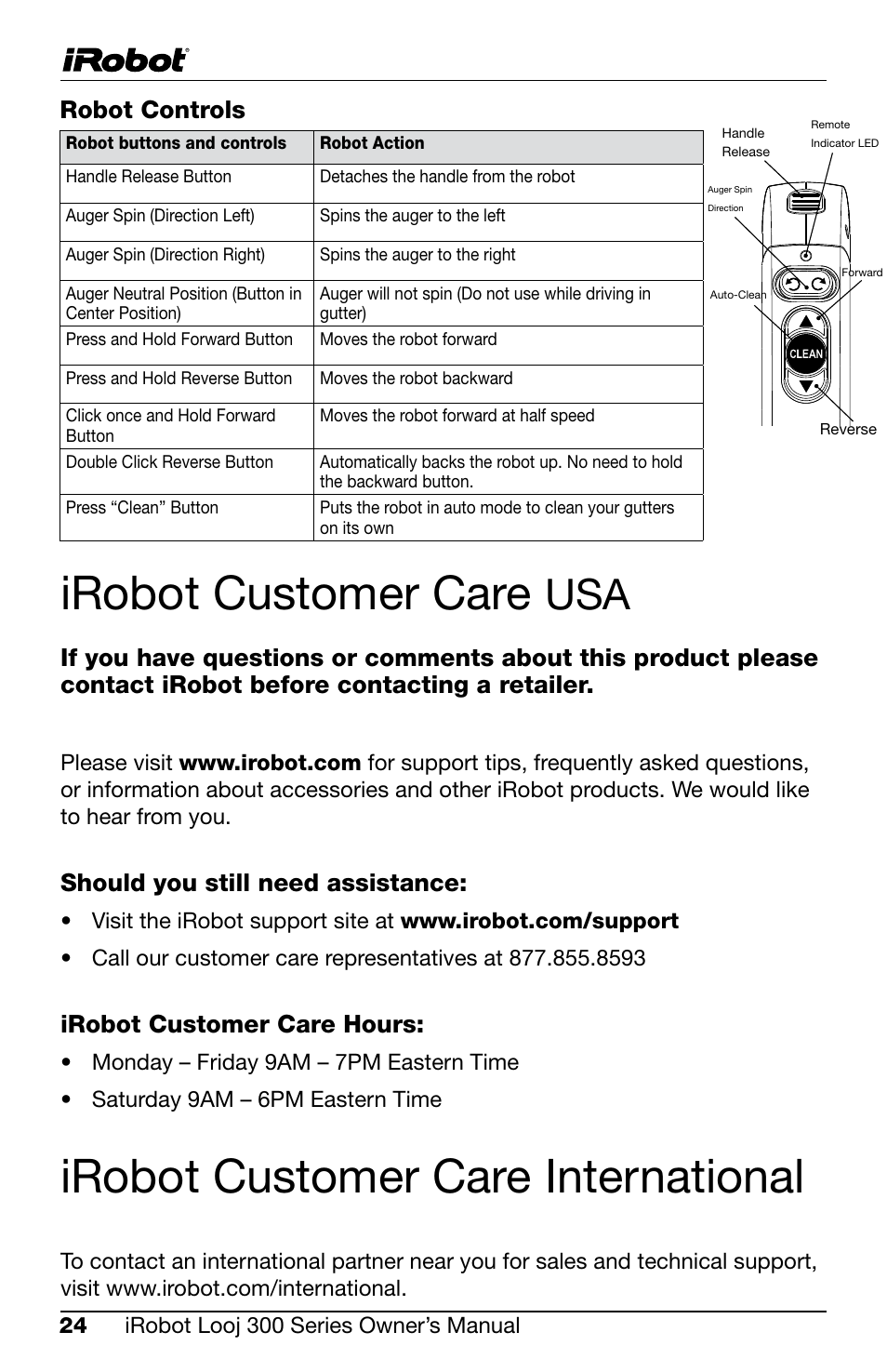 Irobot customer care, Irobot customer care international, Should you still need assistance | Irobot customer care hours, Robot controls | iRobot Looj 330 User Manual | Page 24 / 28