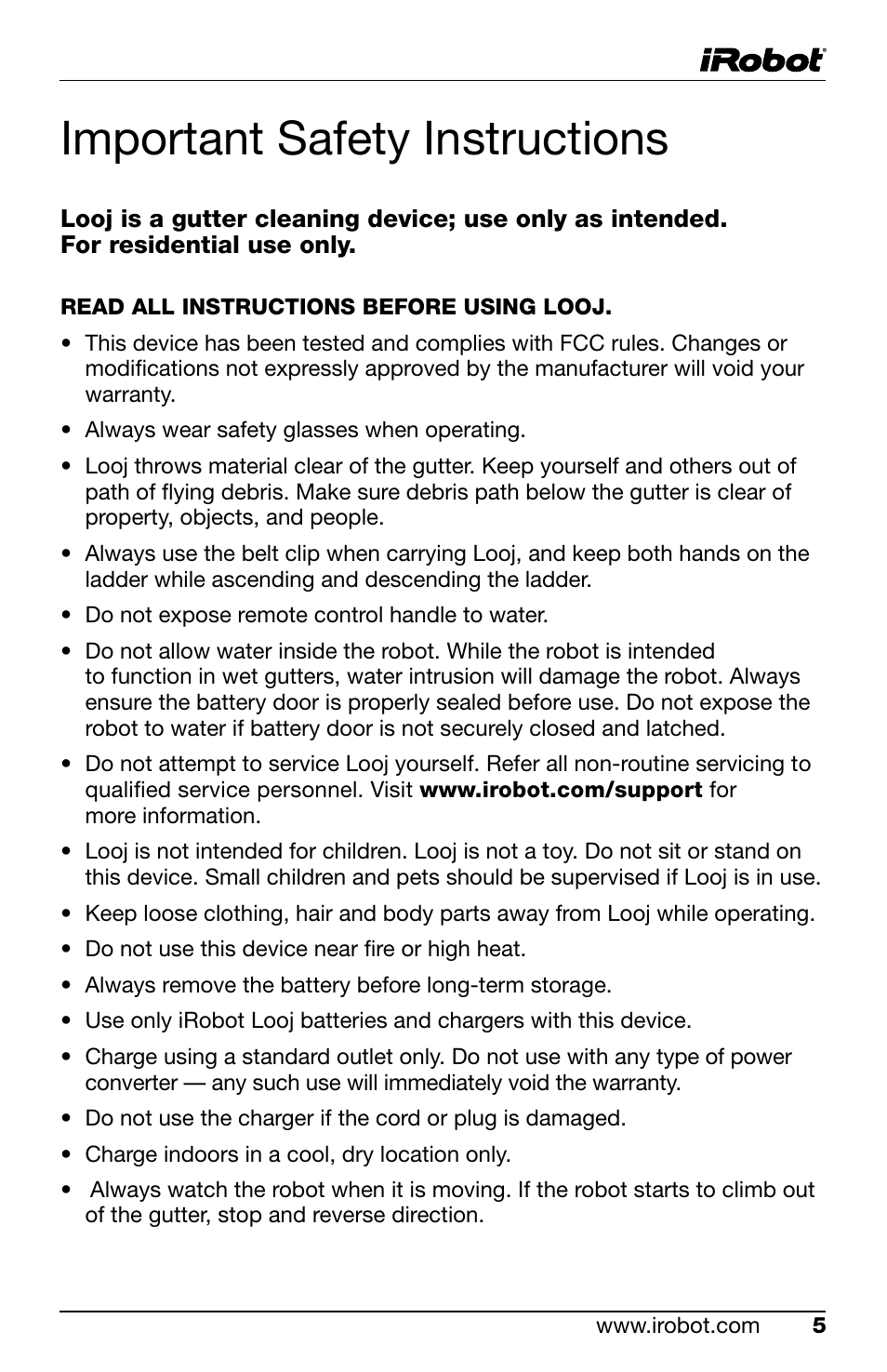 Important safety instructions | iRobot Looj 330 User Manual | Page 5 / 28