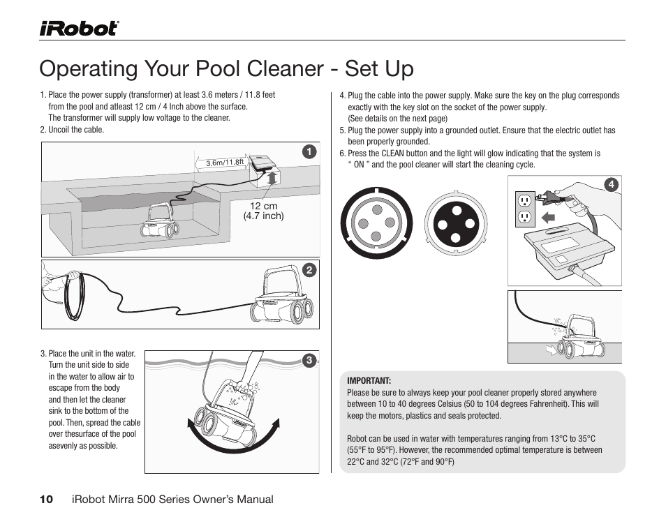 Operating your pool cleaner - set up | iRobot Mirra 530 User Manual | Page 10 / 16