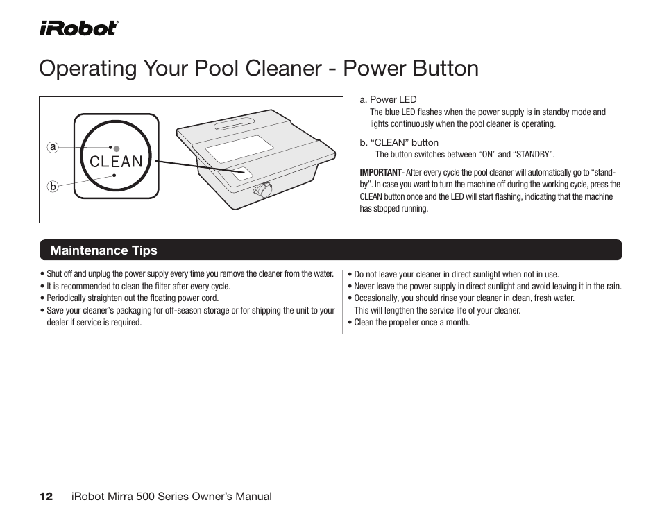 Operating your pool cleaner - power button | iRobot Mirra 530 User Manual | Page 12 / 16