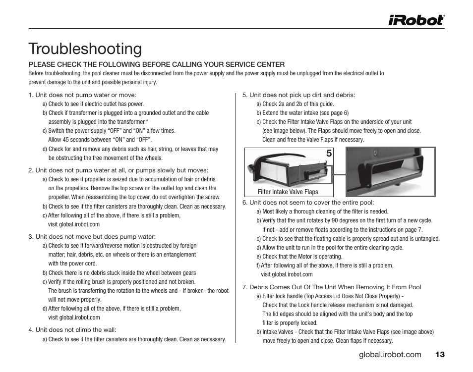 Troubleshooting, Troubleshooting guide | iRobot Mirra 530 User Manual | Page 13 / 16