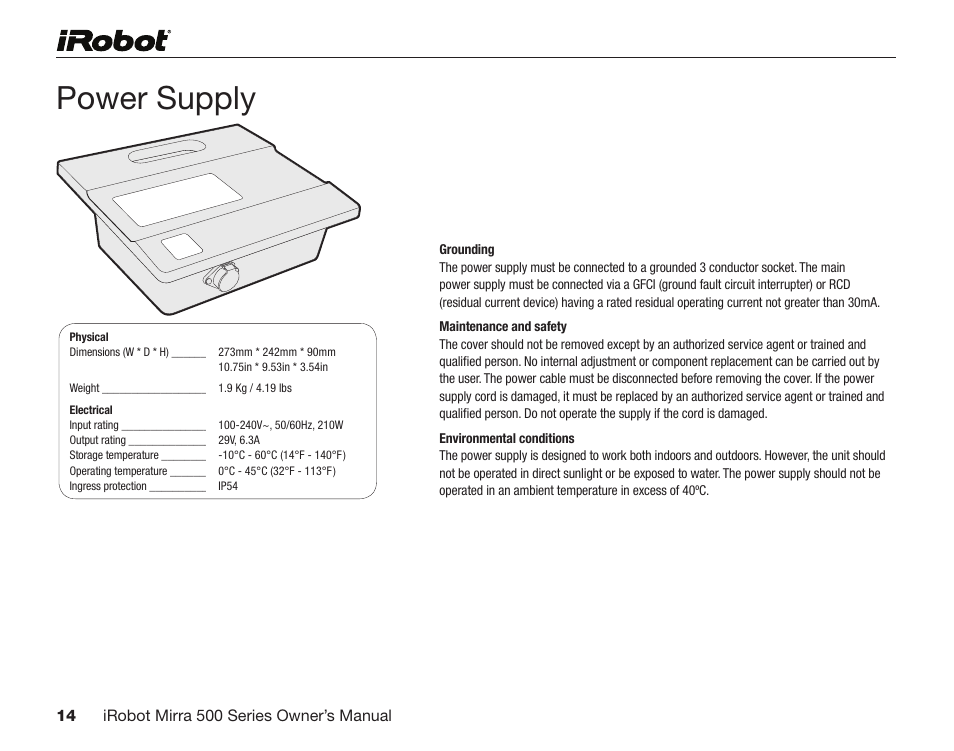 Power supply | iRobot Mirra 530 User Manual | Page 14 / 16