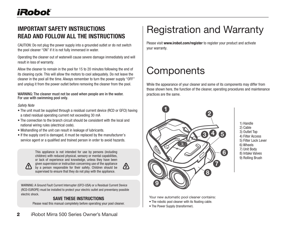 Components, Registration and warranty | iRobot Mirra 530 User Manual | Page 2 / 16