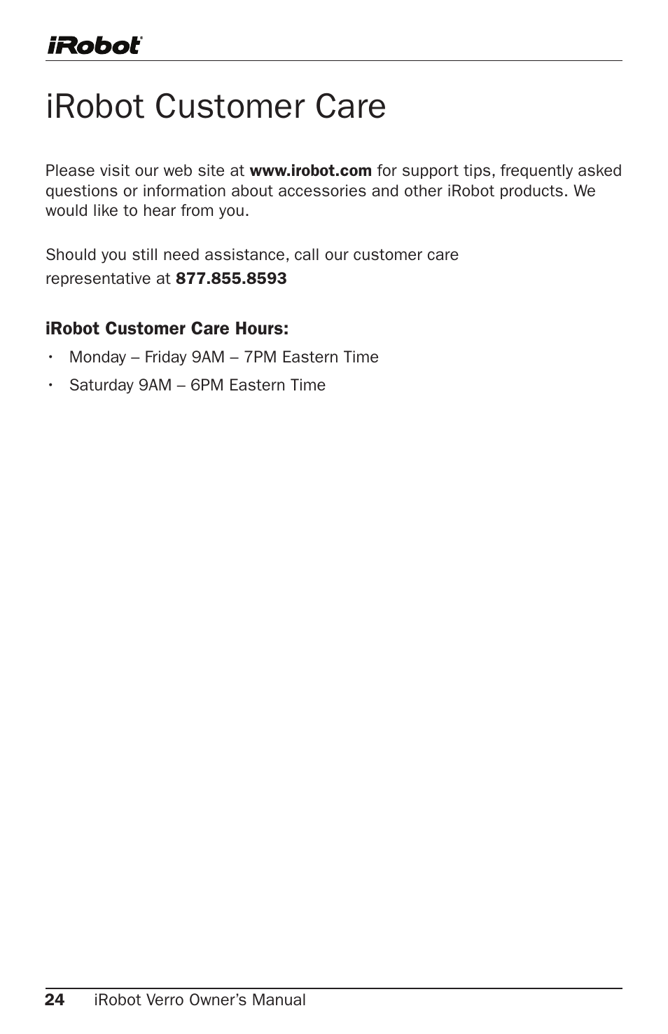 Irobot customer care | iRobot Verro 300 User Manual | Page 24 / 31