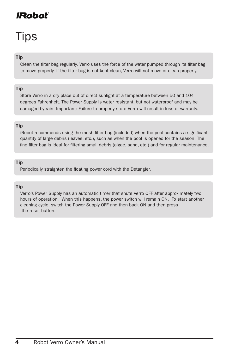 Tips | iRobot Verro 300 User Manual | Page 4 / 31