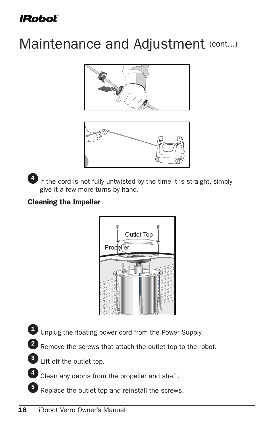 Maintenance and adjustment, Cont...) | iRobot Verro 600 User Manual | Page 18 / 25