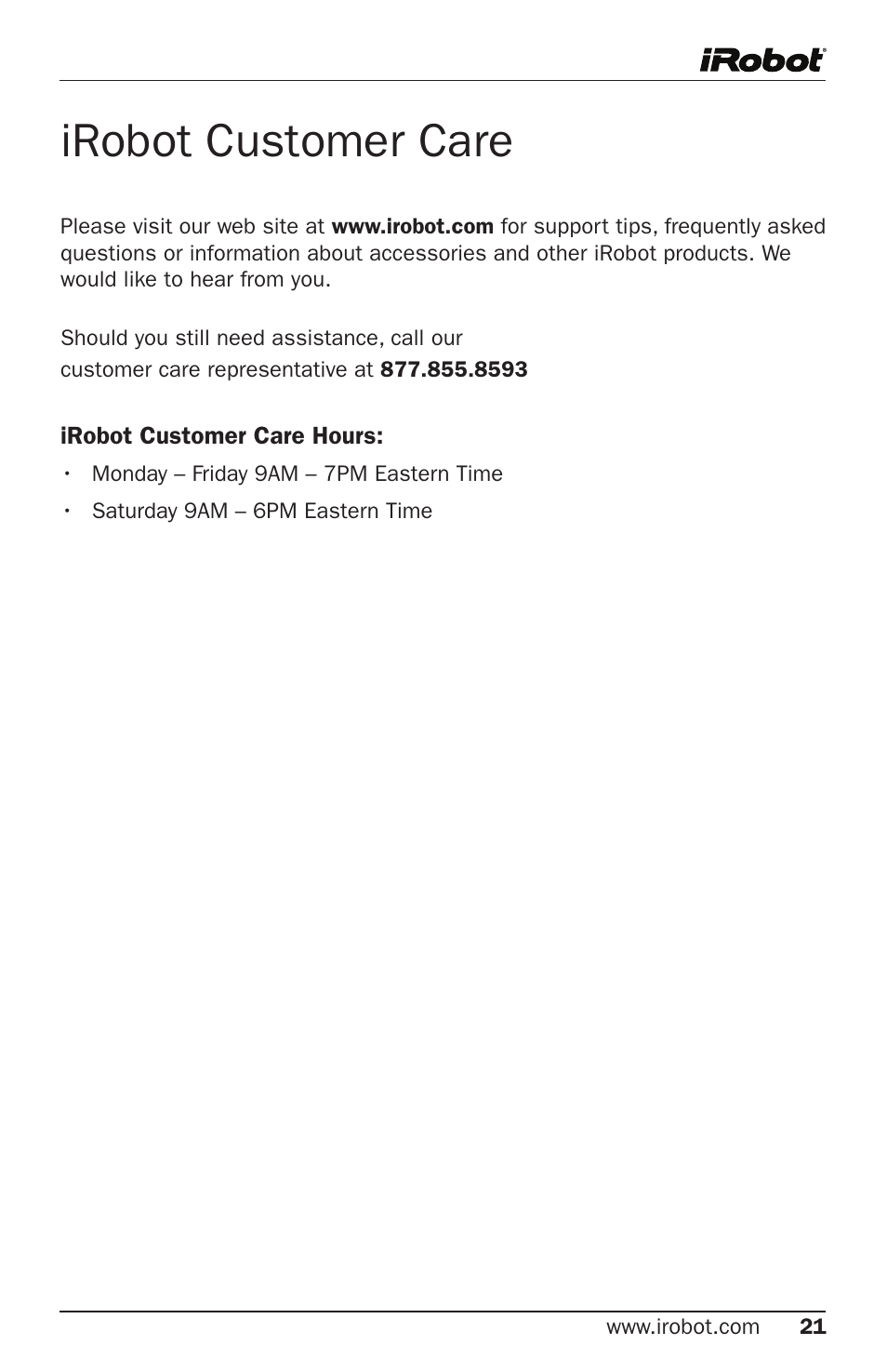 Irobot customer care | iRobot Verro 600 User Manual | Page 21 / 25