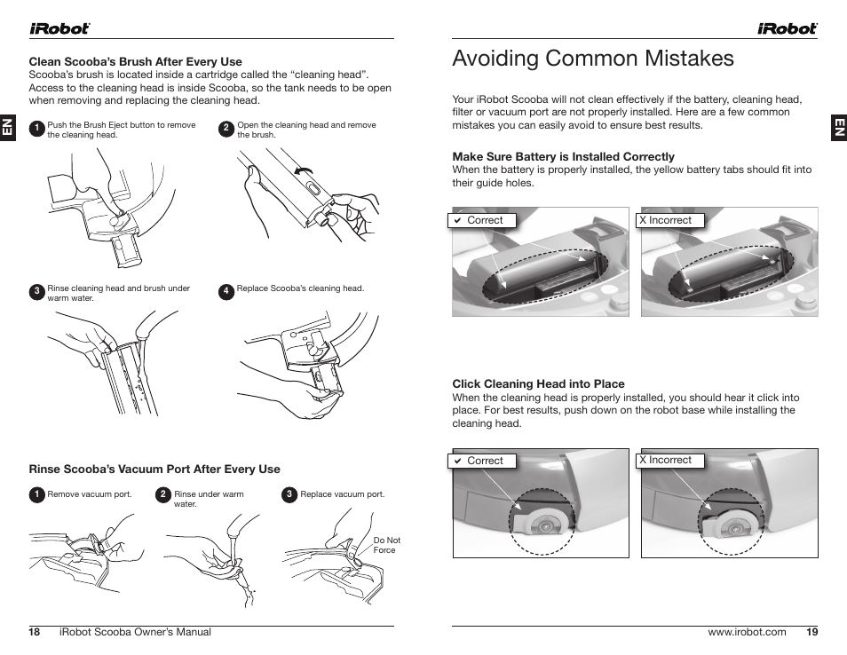 Avoiding common mistakes | iRobot Scooba 390 Series User Manual | Page 10 / 28