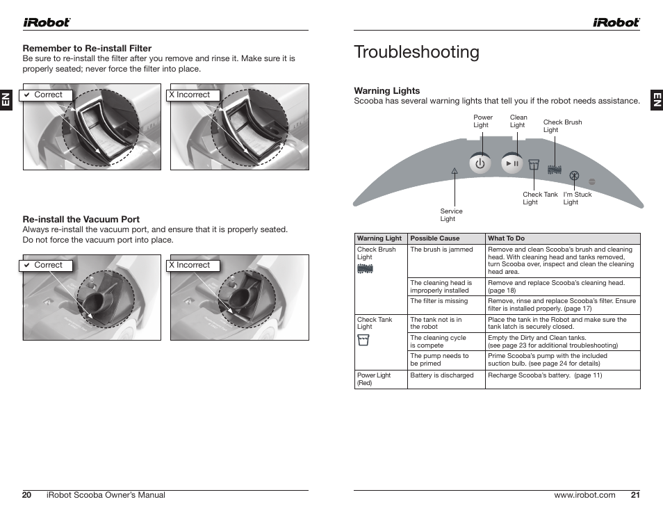 Troubleshooting, Remember to re-install filter, Re-install the vacuum port | Warning lights | iRobot Scooba 390 Series User Manual | Page 11 / 28