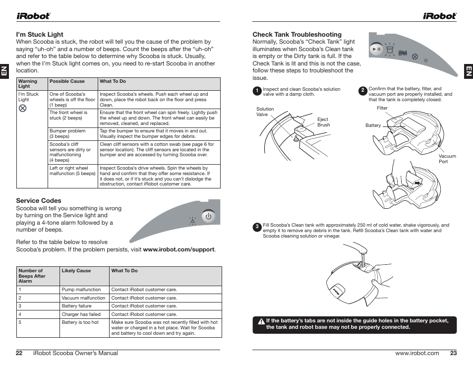 Service codes, I’m stuck light, Check tank troubleshooting | 22 irobot scooba owner’s manual | iRobot Scooba 390 Series User Manual | Page 12 / 28