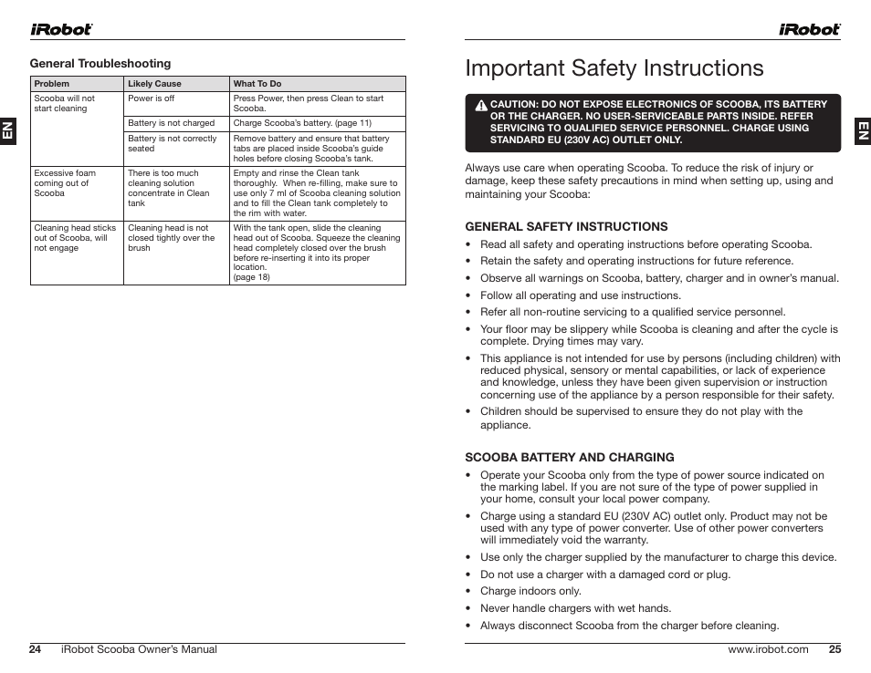 Important safety instructions, General troubleshooting, General safety instructions | Scooba battery and charging | iRobot Scooba 390 Series User Manual | Page 13 / 28