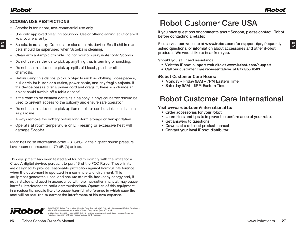 Irobot customer care usa, Irobot customer care international | iRobot Scooba 390 Series User Manual | Page 14 / 28